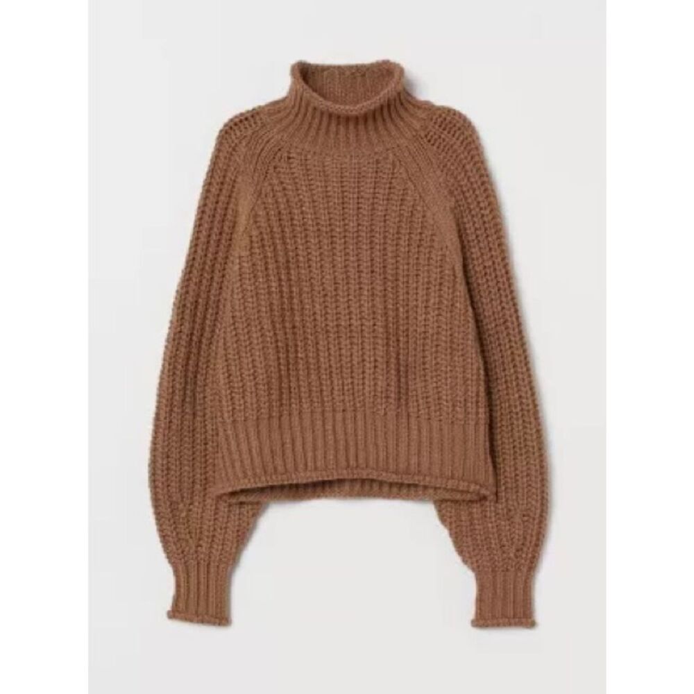H&M Chunky Knit Ribbed Funnel Neck Sweater in Brown